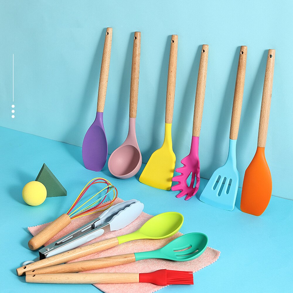 12pcs Kitchen Silicone Cooking Utensils Set High Temperature Resistance Non-stick Spatula Shovel Wooden Handle with Storage Box