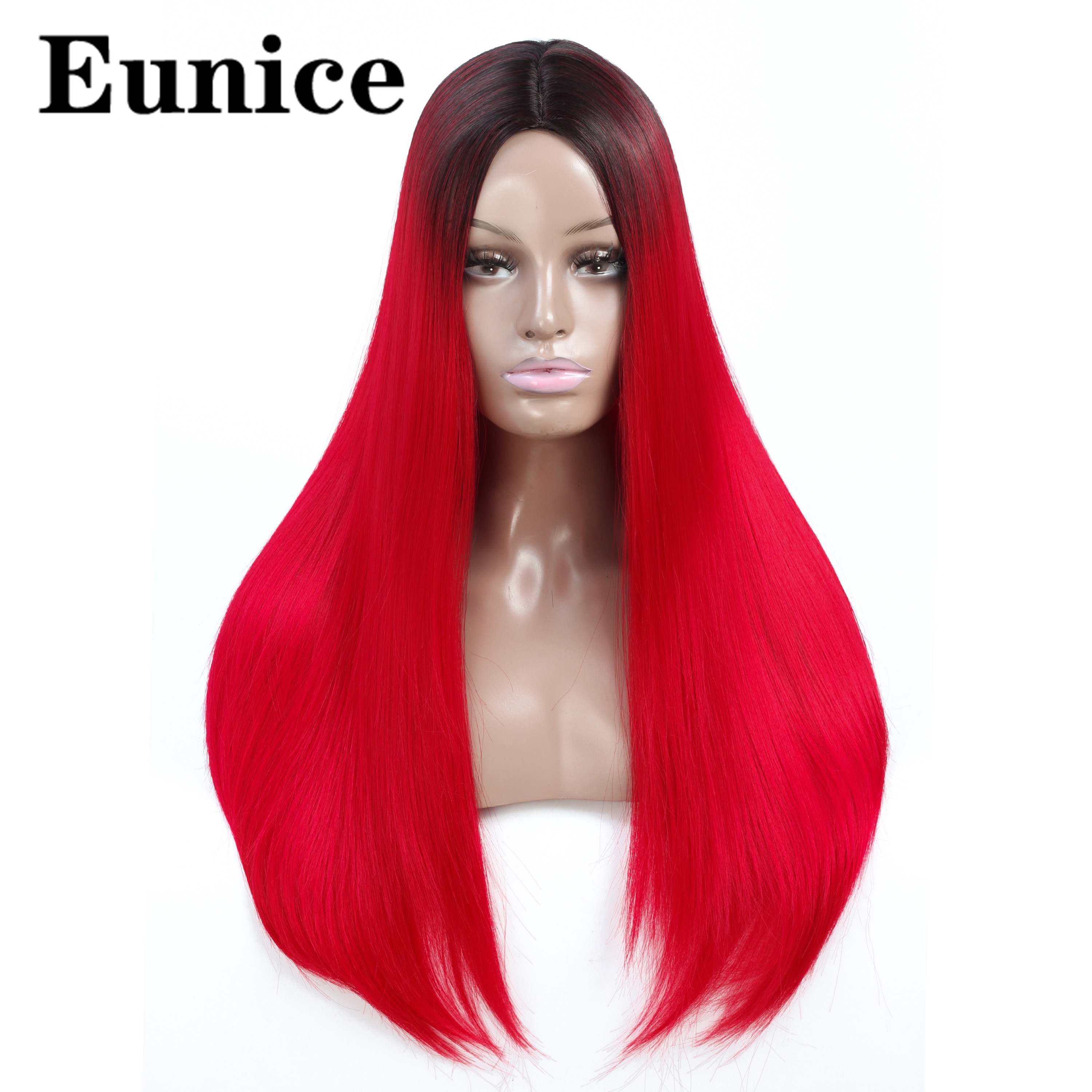 Ombre syntetisk peruk långa raka svarta peruker för kvinnor naturligt svart rött hår peruk mittdel regnbåge cosplay peruker eunice hår