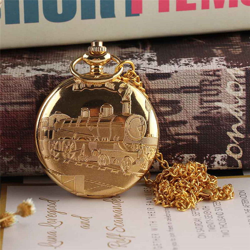 Vintage Gold Locomotief Motor Railway Trein Steampunk Zakhorloge Voor Mannen Vrouwen Charmant Hanger Ketting Klok Relogio Bolso