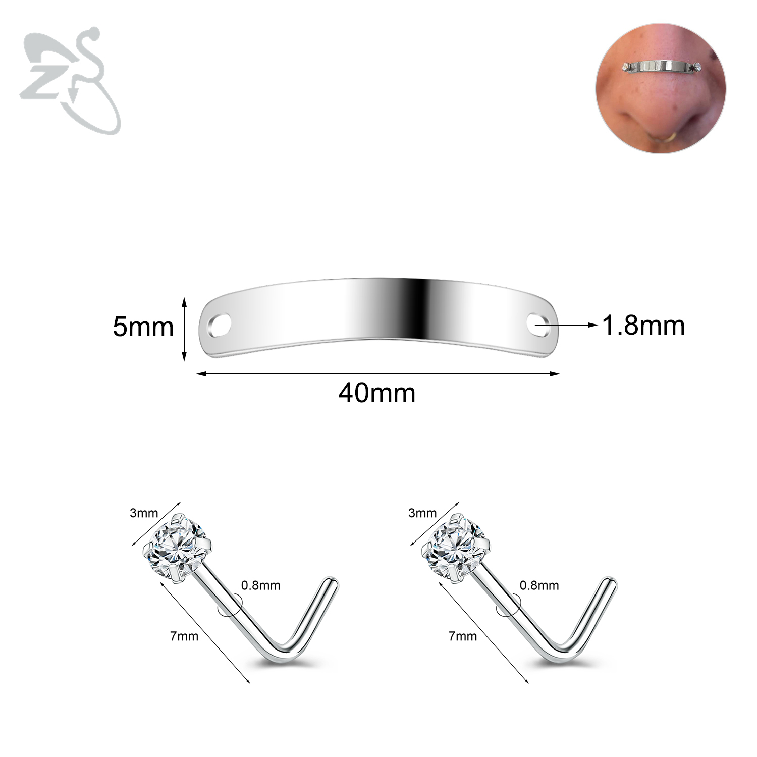 ZS-Piercing en Acier Inoxydable pour Homme et Femme, Bijoux de Corps, Ajustable, Pont de Narine, Punk, 24/30/35/40/45/50mm, 1 Ensemble