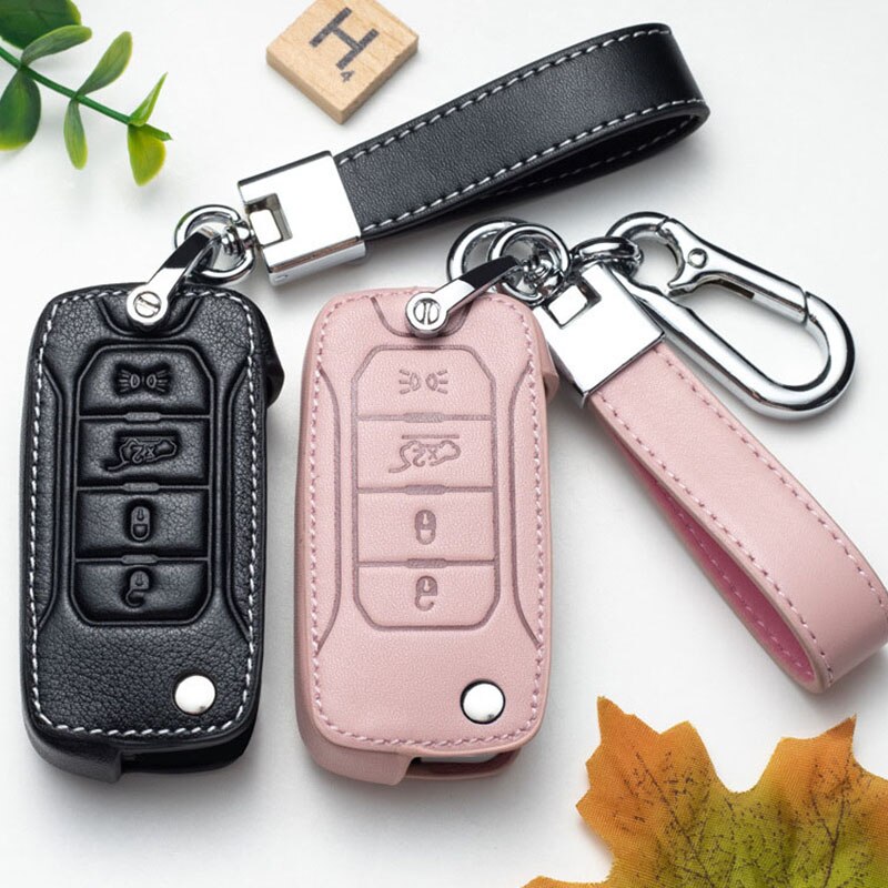 Leather Car Key Case for Car for Jeep Renegade flip folding Key Holder Covers Ring Key Cover: pink and black