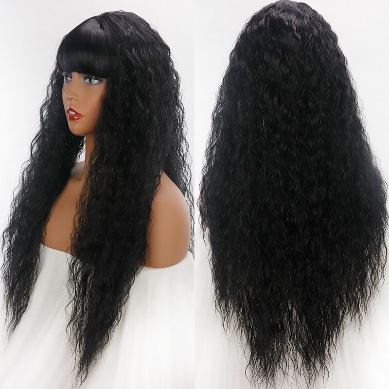 Bombshell Black Long Loose Bouncy Curly Synthetic Hair Wig Glueless Heat Resistant Fiber Hair With Full Bangs For Women Wigs