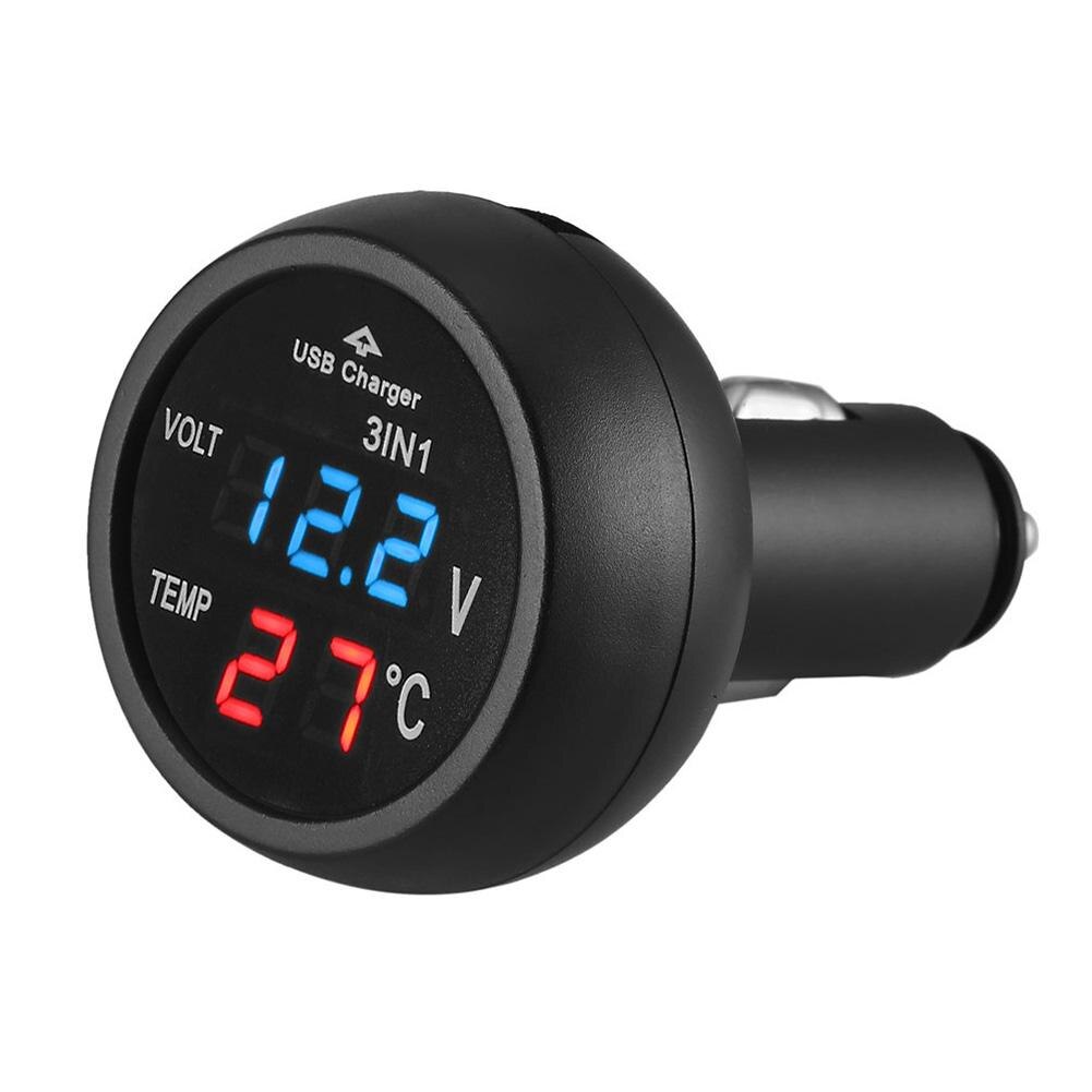 12v 24v bil volt meter lcd display bil auto ledet digital voltmeter gauge + termometer + usb oplader universal: Blå