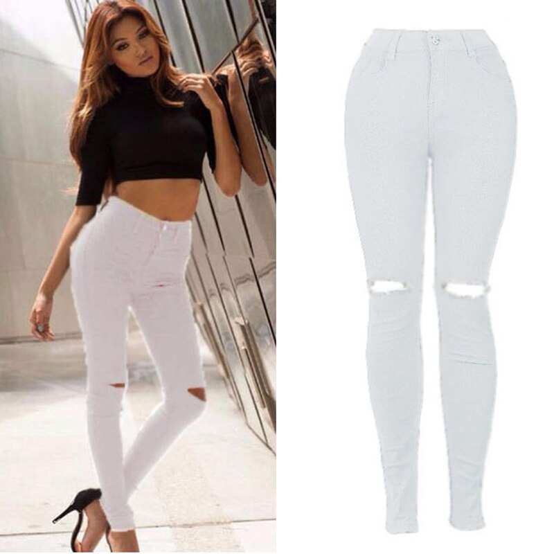 Witte gescheurde jeans voor dames, coole denim, hoge taille, elastische broek, capribroek, skinny, zwarte casual pencil jeans  ho833795: Wit / S