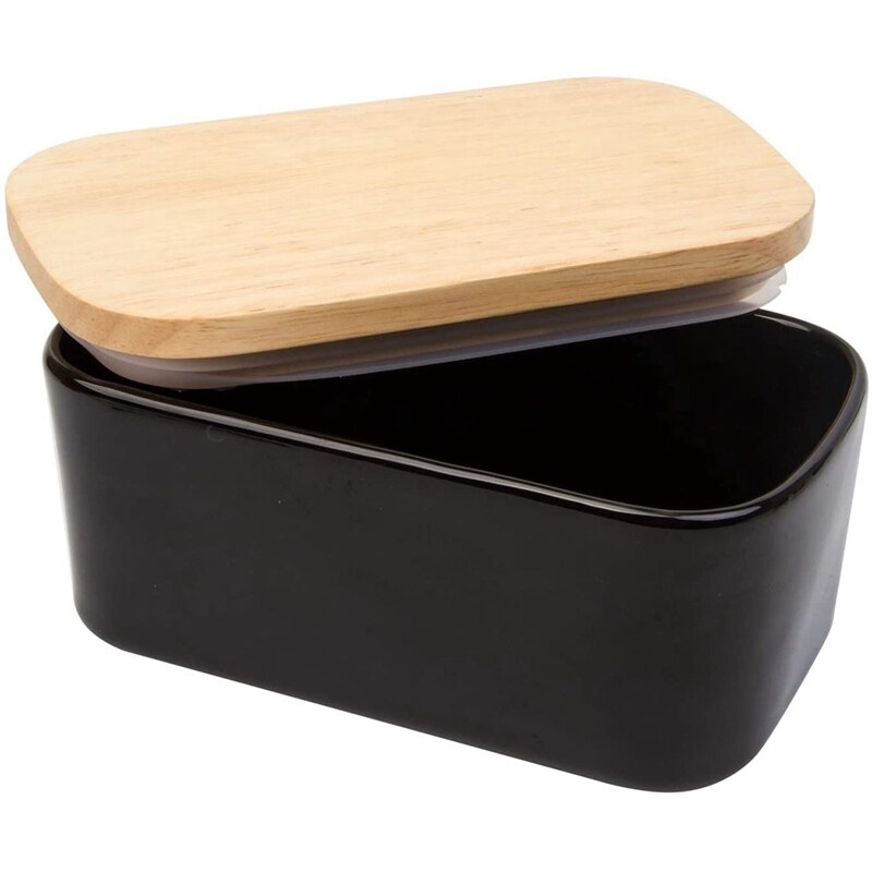 Porcelain Butter Dish with Lid, Airtight Large Butter Keeper with Wooden Lid, Butter Container