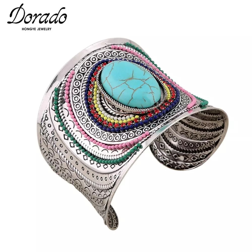 Dorado Open Wide Big Bracelets Amp Bangles For Women Men Retro Alloy Female Cute Cuff Blue Stone Jewelry Accesorios