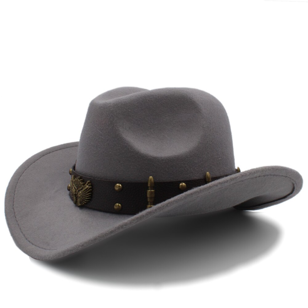 Wome Sombrero de lana negro Sombrero de Cowboy del oeste Jazz Sombrero de Hombre señora sombreros de vaquera tamaño 56-58 cm: Gray