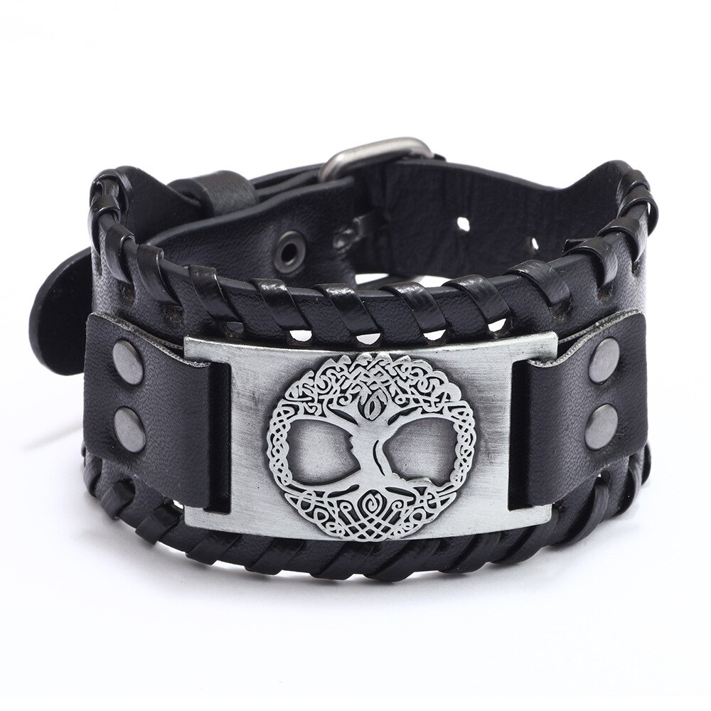 Pulsera de piel con brújula pirata para hombre, de tótem ancho, joyería vikinga celta, accesorios de pulsera, de