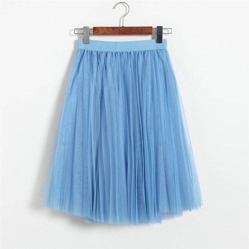 Faldas de tul para mujer negro gris blanco adulto tul malla falda elástica de cintura alta Falda Midi plisada Jupe Mujer: Azul cielo