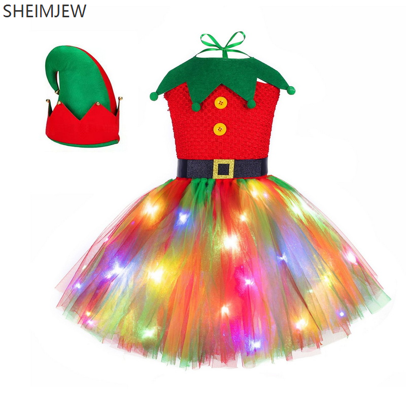 Christmas Elf Cosplay Dress Xmas Red And Green Princess Tutu Led Light Sequin Rainbow Ballet Suits Christmas Birthday Party: S / Red