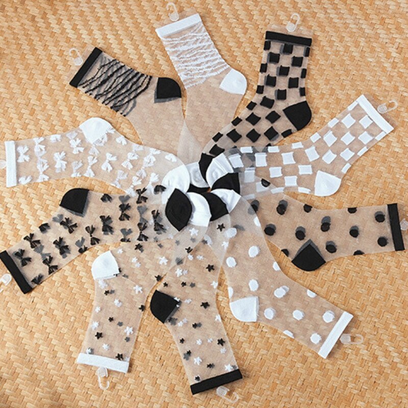 10 par/partia nowa wiosna i jesień kobiety kraty i skarpety w paski koronka wzburzyć krystaliczny jedwab kostki skarpety cienkie przezroczyste skarpetki