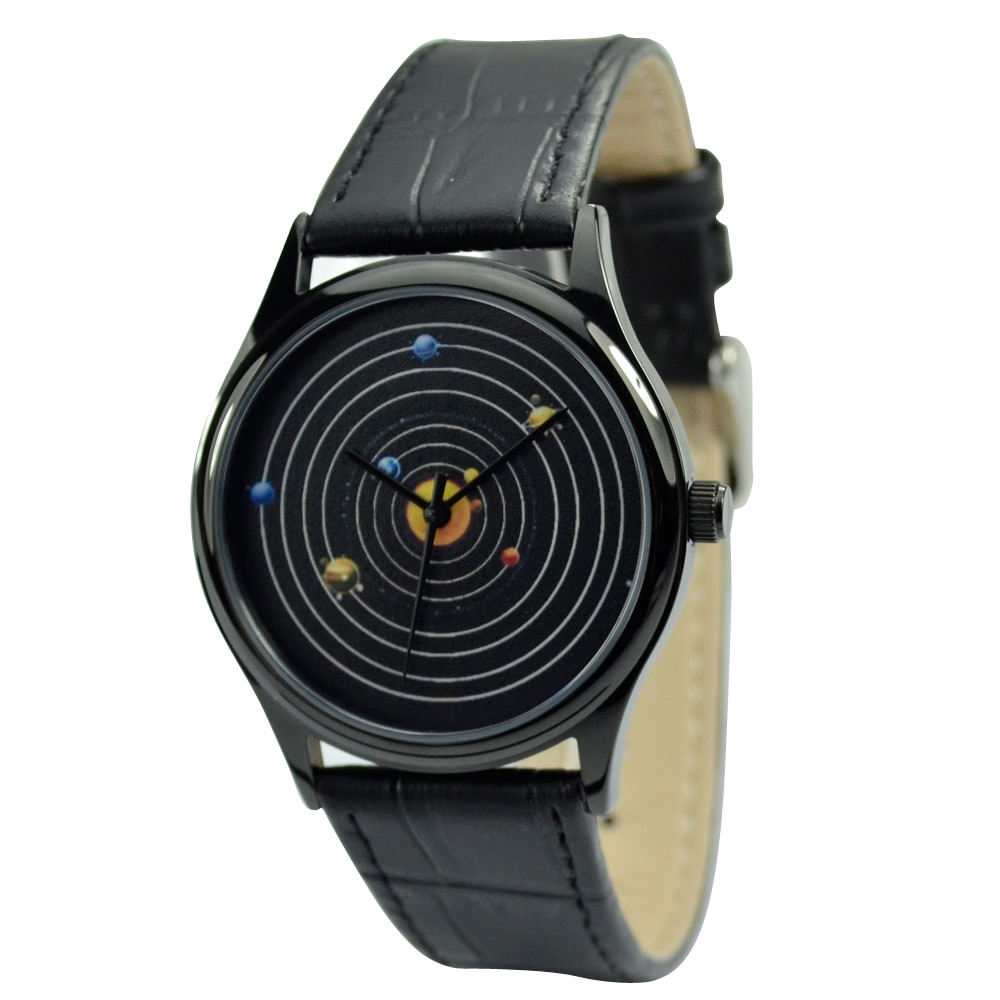 Système solaire montre boîtier noir I hommes montre I femmes montre dans le monde entier je bienvenue