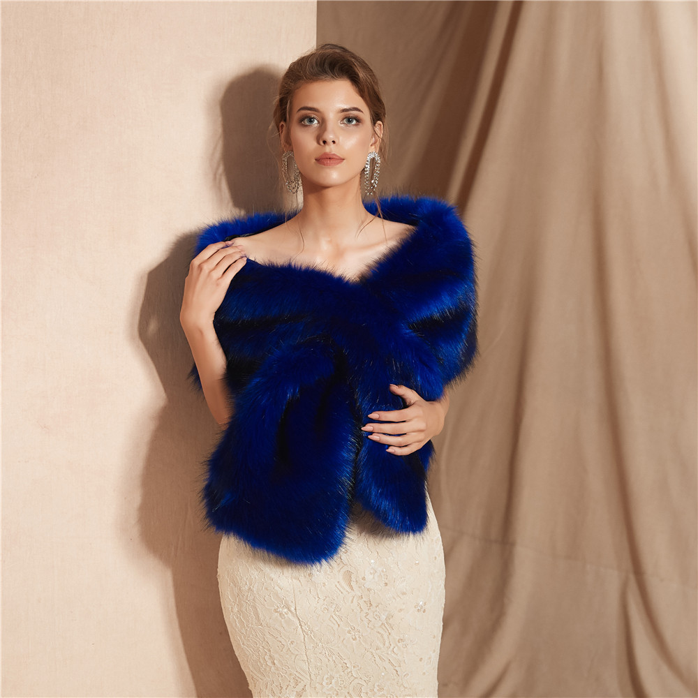 JaneVini bleu Royal hiver fausse Fourrure châle enveloppe de mariée cape femmes boléro Fourrure haussement d'épaules vêtements d'extérieur chauds accessoires de mariage: Photo Color 2