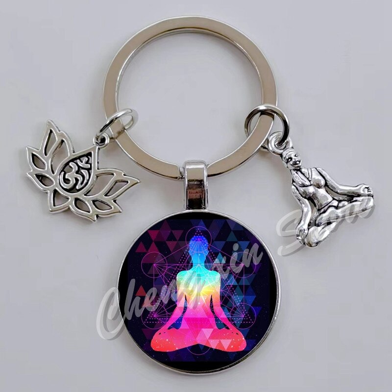 Indian Buddha Meditatie 7 Chakra Mandala Psychedelische Yoga Glas Cabochon Sleutelhanger Ornament