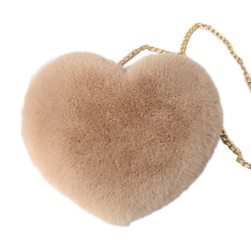 femmes en forme de coeur fausse fourrure bandoulière portefeuille sac à main chaîne sac à bandoulière dame sac à main: Khaki