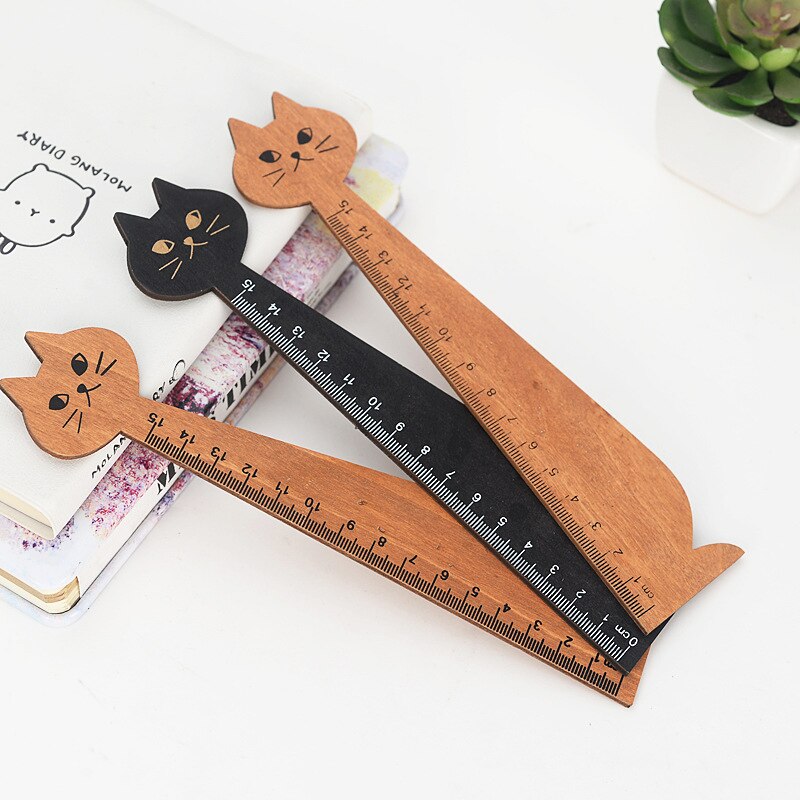 1pc Cat Wooden Ruler Brown Black Straight Ruler Wood Kawaii Drawing Tools Stationery Cartoon Ruler for Kids Office School