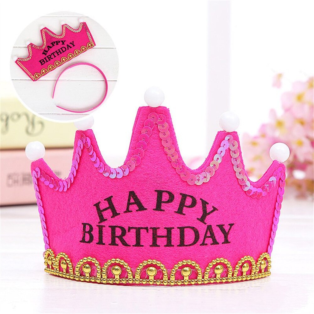 LED Light Happy Birthday Crown Hat for Kids Child Princess King Party Decor Supplies DIY Glowing Birthday Cap Headband: rose red