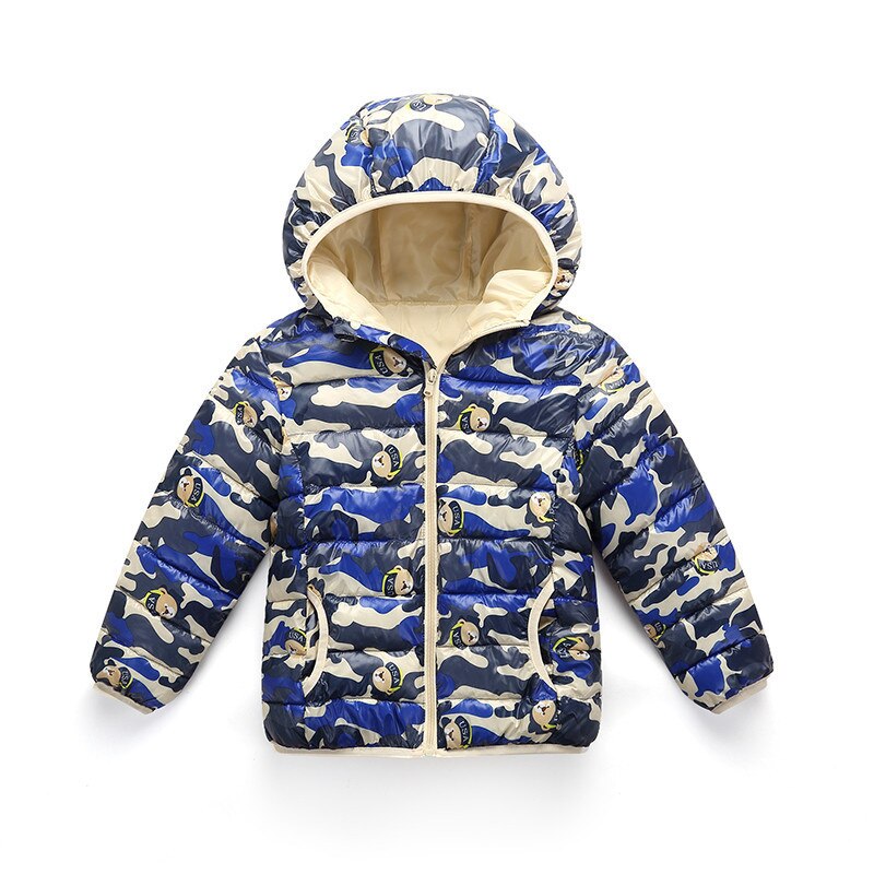 Veste en duvet de coton pour enfants, automne et hiver, manteau à capuche fin de Camouflage pour garçons et filles, vêtements d'extérieur Ultra légers avec fermeture éclair: Blue camouflage / 150