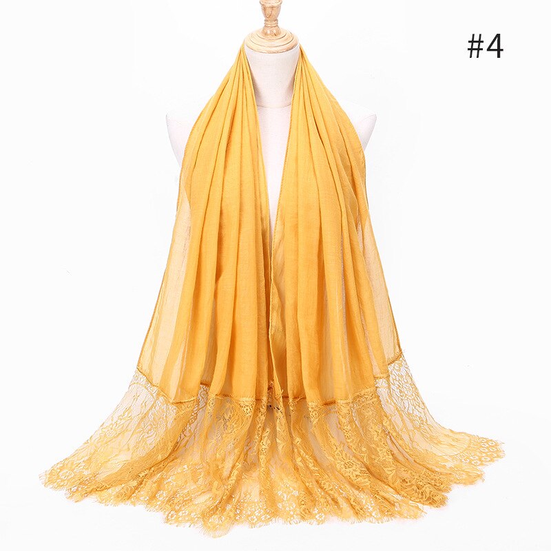 Two Sides Floral Lace Hijabs Viscose Head Scarves Muslim Womens Plain Maxi Muffler Cotton Arab Shawl Tudung Turban 1PC: 4 ginger yellow