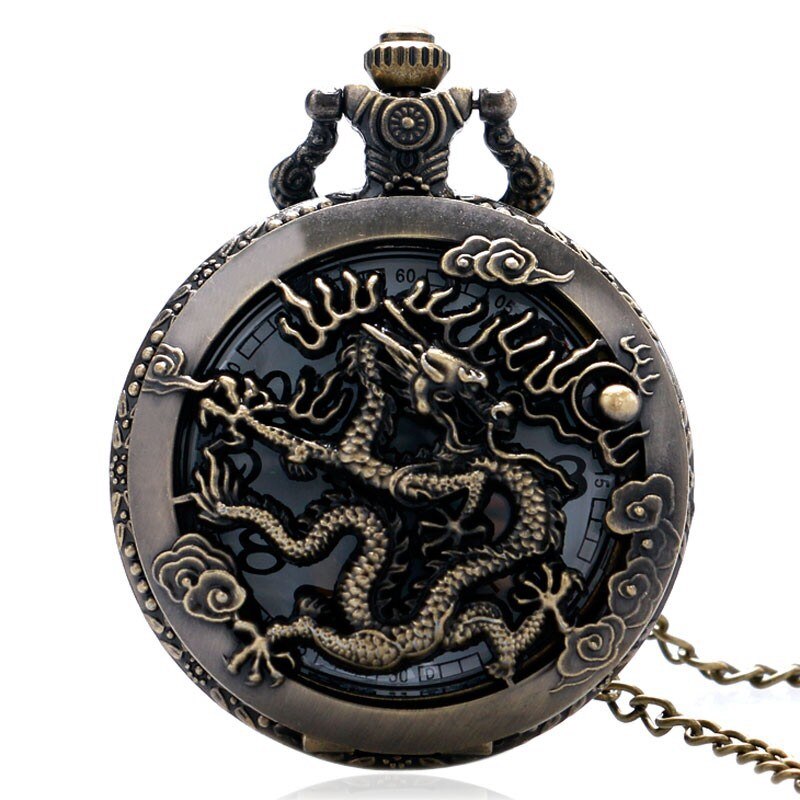 Large bronze embossed hollow classic Chinese dragon Xiangyun cloud pocket watch ancient wind dragon in the sky: Default Title