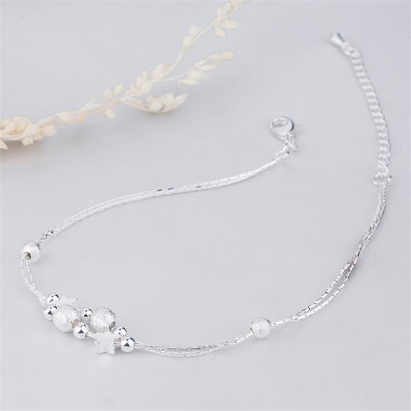 KOFSAC Doppel Kette 925 Sterling Silber Fußkettchen Für Frauen Nette Stern Perlen Ankle Armbänder Fuß Schmuck Mädchen Partei