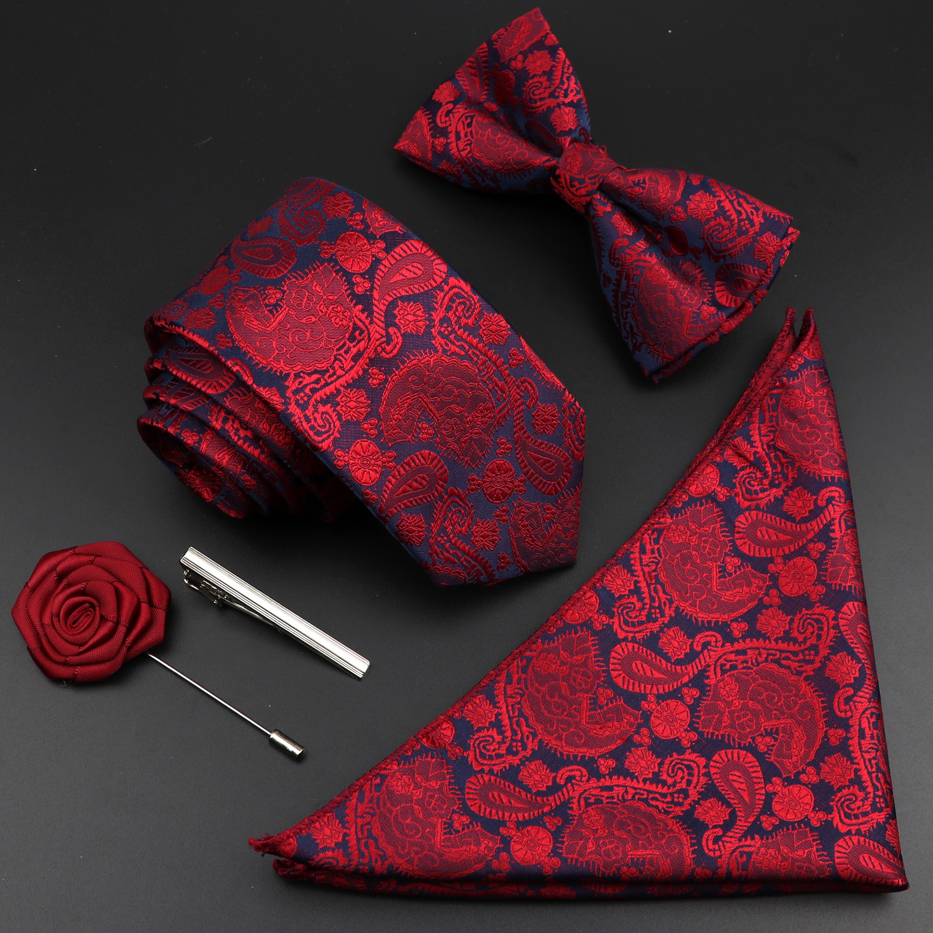 Enfärgad siden herr slips set polyester jacquard vävd slips fluga kostym vintage röd blå för brudgummen företag bröllopsfest