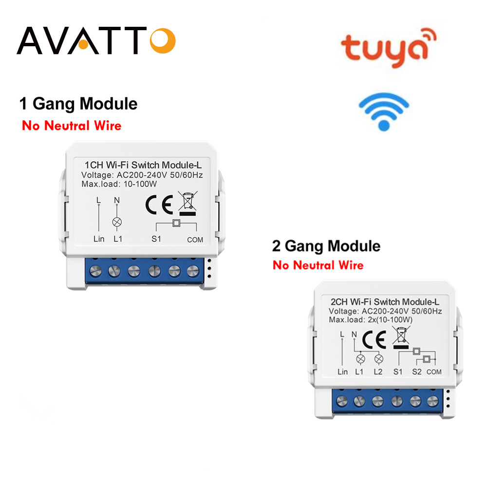 Avato tuya wifi slimme doe-het-zelf lichtschakelaarmodule 1 2 -voudig zonder nuldraad, smart life app, afstandsbediening, werkt met alexa en google home