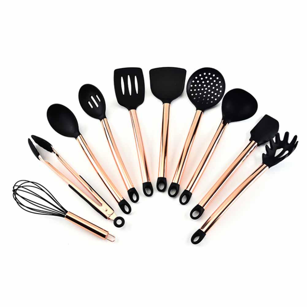 11PCs Silicone Cooking Utensils Set Non-stick Spatula Shovel Copper Plated Handle Cooking Tools Set Kitchen Tools Kitchenware
