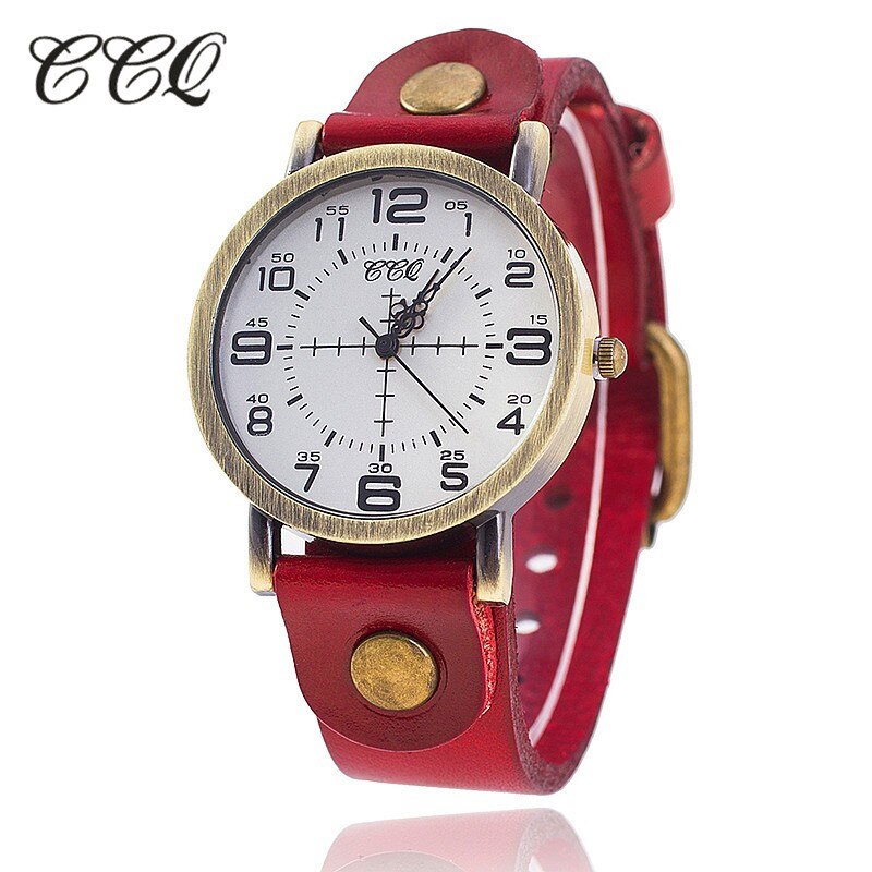 Ccq vintage ko læder armbåndsur kvinder armbåndsure afslappet luksus kvarts ur relogio feminino: Rød