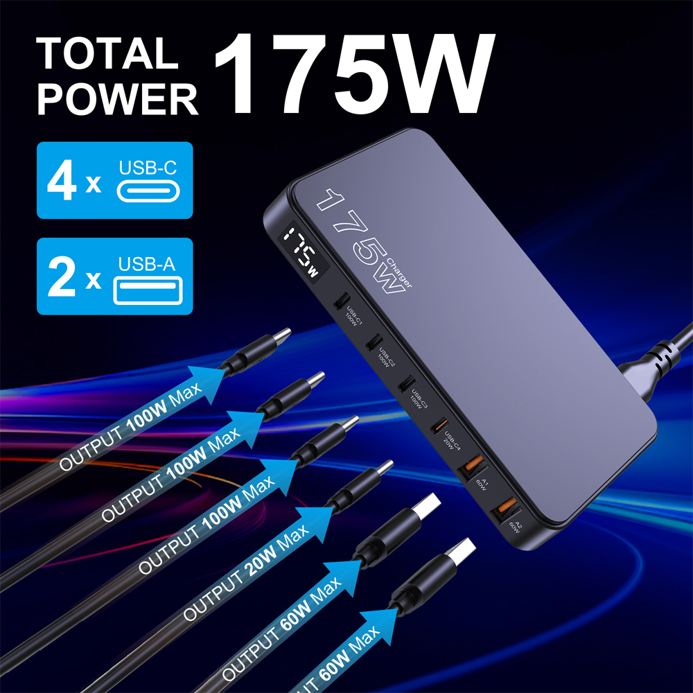 UHOMEBUY-Chargeur de bureau ultra-mince, charge rapide pour Samsung iPhone, affichage numérique, type C, PD, 175W, GaN, USB C, 100W, PPS45W