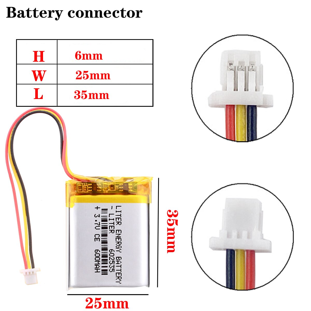 the video recorder 388 Capacity 600MAH model 582535 602535 P polymer thium battery 3 line 1.0MM 3pin connector