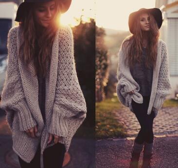 Batwing manga cardigan de malha suéteres moda feminina oversized encolher camisola outono inverno quente longa camisola jumpers: Khaki