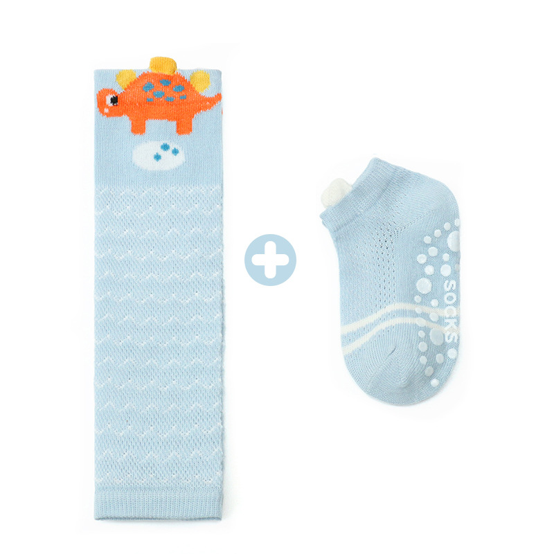 Zomer Baby Kniebeschermers Baby Peuter Jongen Meisje Katoenen Lange Beenwarmers Non Slip Mesh Sok Set Kniebeschermer Kids veiligheid Kruipen: blue  dinosaur / M 1-3Y