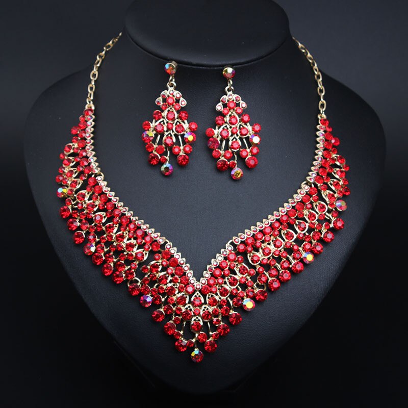 Red Rhinestone Earrings Necklace Set Jewelry Sets Women Gold Color Choker Bridal Wedding Party Costume Accessories: Red