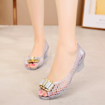 summer crystal wedge heel hole anti-skid jelly beach fish mouth cool shoes female: Silver / 8