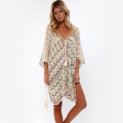 Cotton Crochet Tunic Mini Dresses Women Cover Up Bikini Sexy Hollow Out Deep V Neck Lace-Up Summer Vestidos Boho Beach Robe: Beige