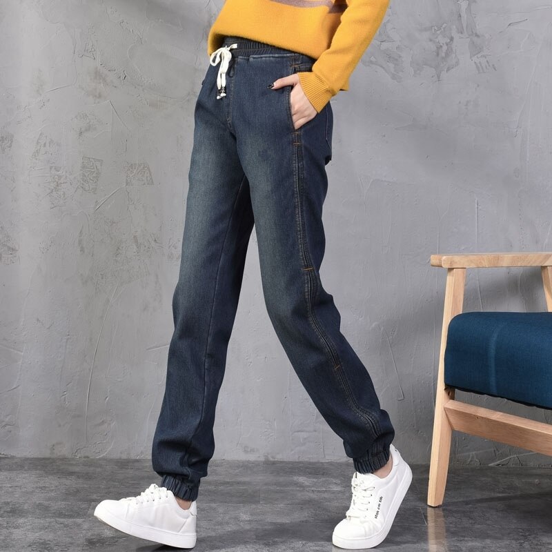 Plus velours épaissir Denim sarouel femmes automne hiver à lacets jean femme décontracté Long petit ami jean pour les femmes C6480