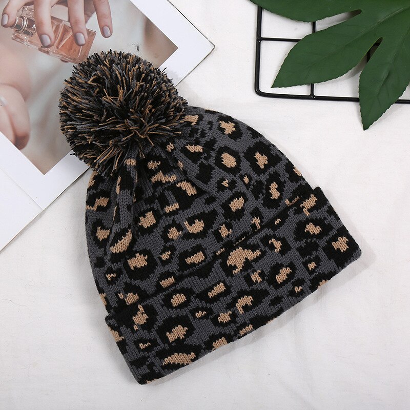Bonnet imprimé léopard pour femmes | Bonnet tricoté, automne, chapeau avec pompon Pom, , automne , Ski, nouvelle casquette de Ski,: dark gray