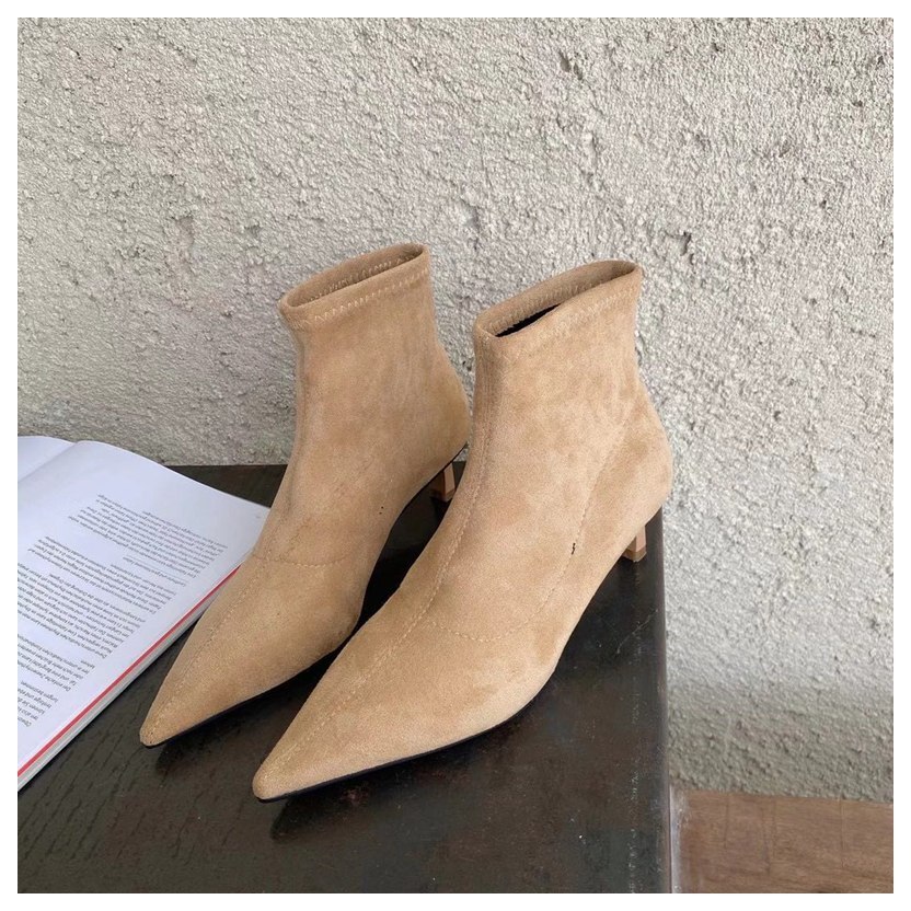 Ankelstøvler kvinder efterår vinterstøvler lav hæl trykt tå chelsea støvler kvindelige flok korte støvletter kvinder sko zapatos muje: Beige / 6