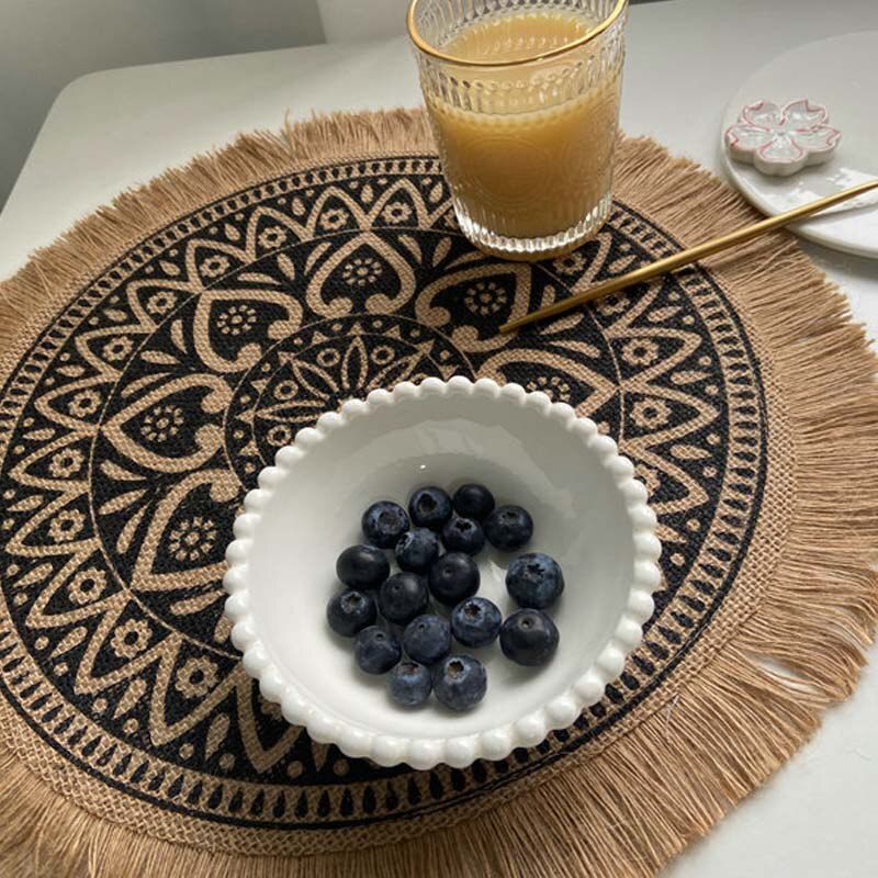 Prachtige Geweven Jute Katoen Tafel Mat Bohemian Stijl Afdrukken Placemat Ronde Voedsel Pad Dining Servies Coaster Keuken Decor