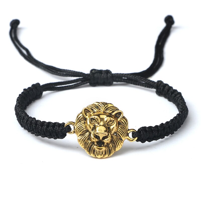 Vintage Leeuwenkop Bedelarmband Handgemaakte Geweven Rood Zwart Knopen Touw Verstelbare Armbanden En Armbanden Voor Vrouwen Mannen Paar Sieraden: Black and  gold