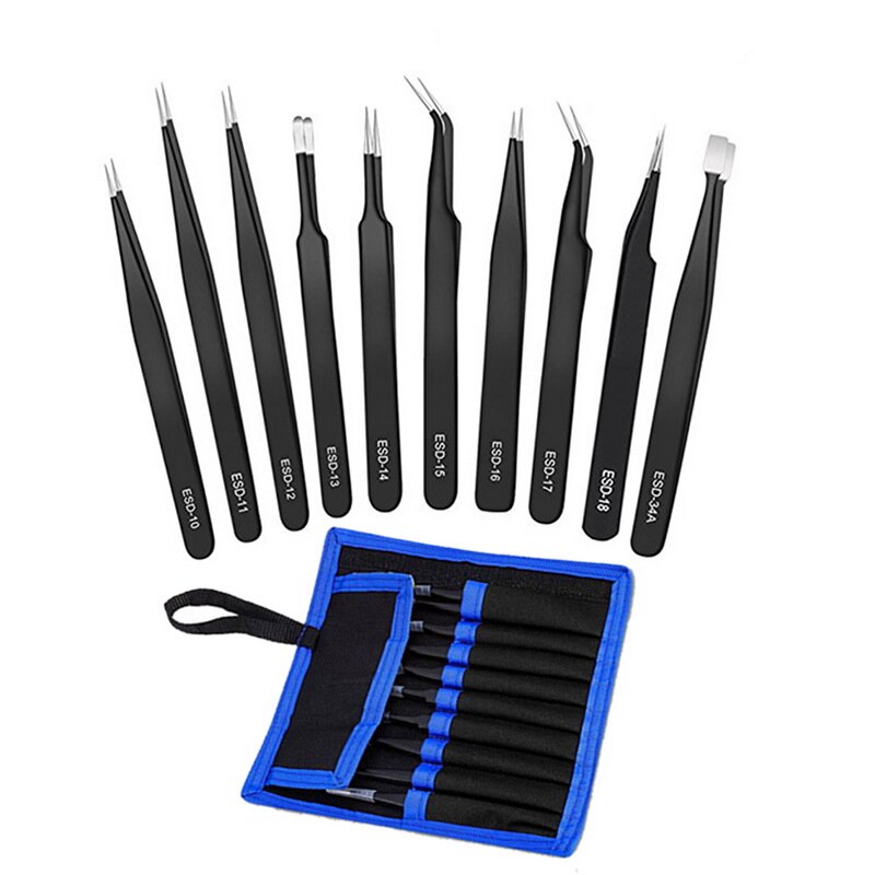 Urijk 6/10Pcs Tweezers Tools Kit ESD Precision Antistatic Tip Curved Straight Stainless Steel Tweezers Nipper Repair Tool: 9Pcs With Bag
