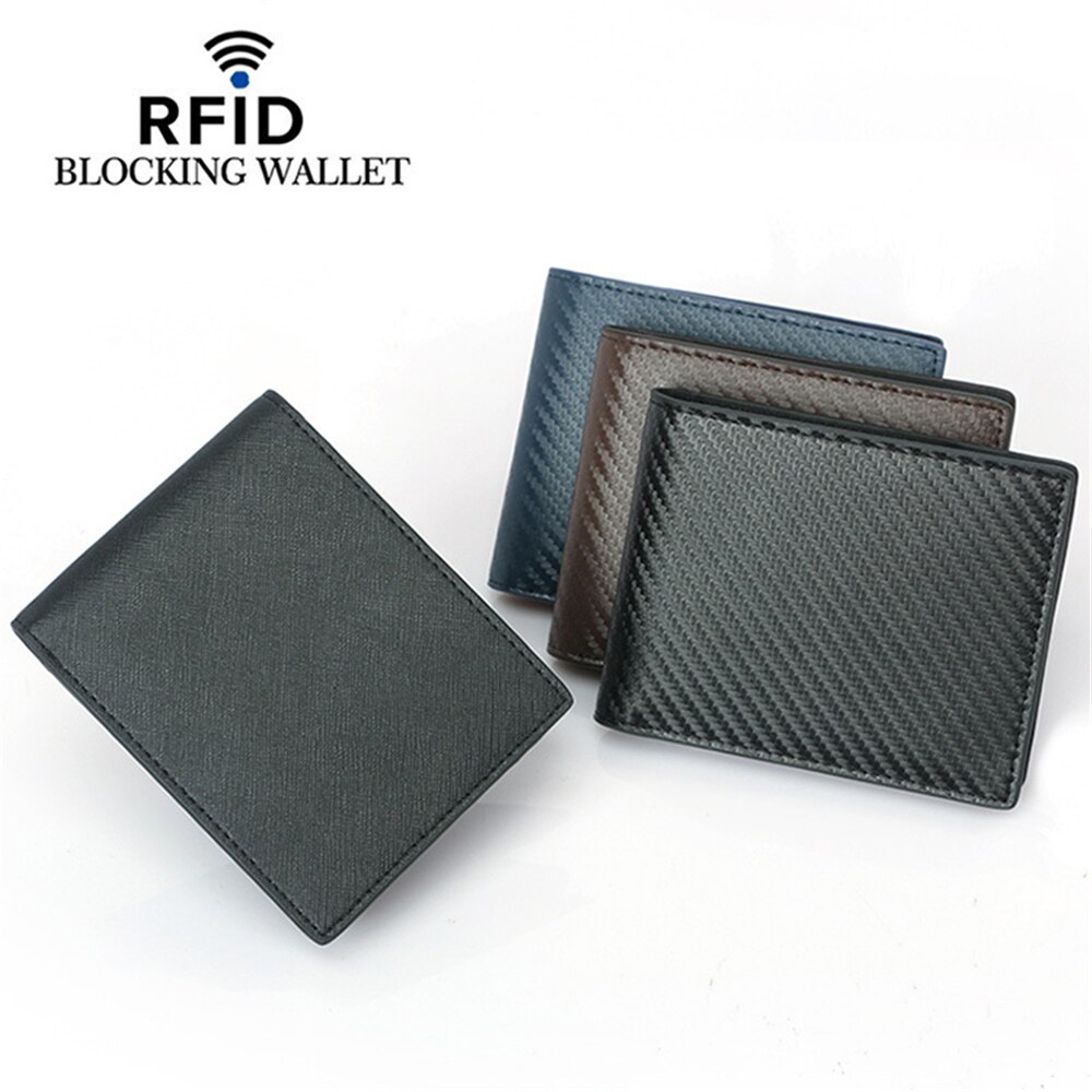 Mannen Lederen Card Wallet Rfid Blocking Carbon Fiber Patroon Portemonnee Anti-Diefstal Borstel