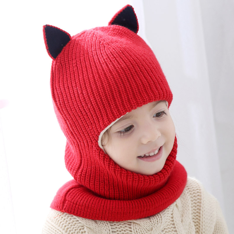 Conjunto de bufanda con orejas de gato para niño y niña, gorro tejido para bebé, conjunto de bufanda, gorro de terciopelo y protección para el cuello, a prueba de viento, Invierno