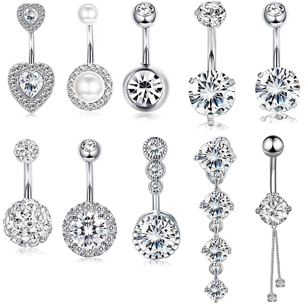 10 estilos de piercing de umbigo, anel de pré-colagem sexy 14g de zircônia cúbica dupla redonda 316l, joias de piercing de barriga de aço cirúrgico