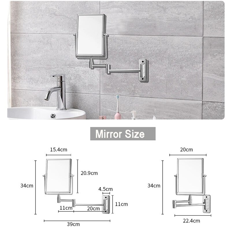 Rectangular bathroom Makeup Mirror, Wall Mounted with 3X Magnification, Double Sided Vanity Mirror, 360 Swivel, Foldable Arm