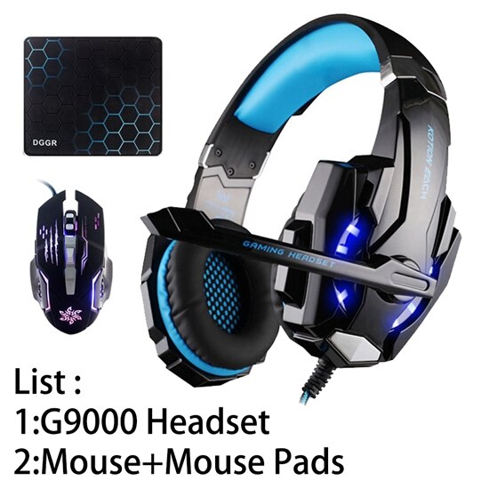 KOTION JEDER G2000 G9000 Gamer Spielen Beste Tiefe Bass Kopfhörer Stereo Headset PC Für Computer Spiel Kopfhörer Mit Mic LED lichter: G9000 Blau A