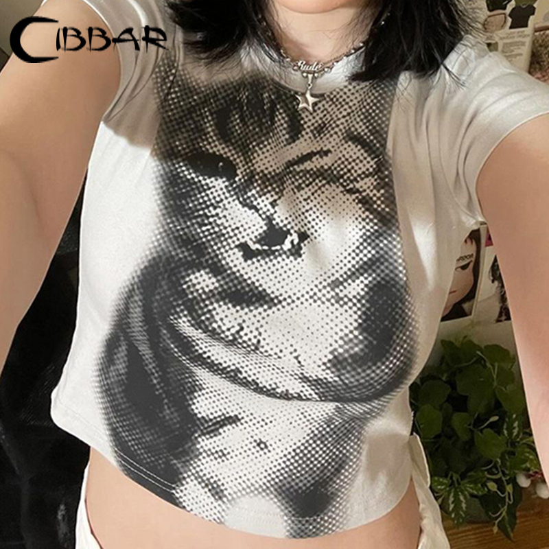 CIBBAR Harajuku Animal Print Crop Top Basic Wit Korte Mouw Crewneck T-shirt Vrouwen Casual Slim-fitting Tees Lady y2k Vintage