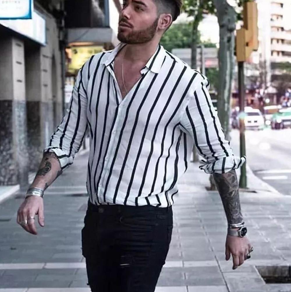 T Herfst Wit Gestreept Shirt Heren Lange Mouwen Casual Harajuku Shirts Man Dunne Gedeelte Slim Fit Shirt Homme koszula