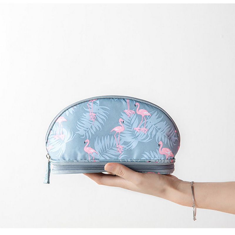 SHUJIN Portable Flamingo Cosmetic Bag Double Layer Travel Makeup Pouch Bags Circular Woman Make Up Bag Brush Organizer